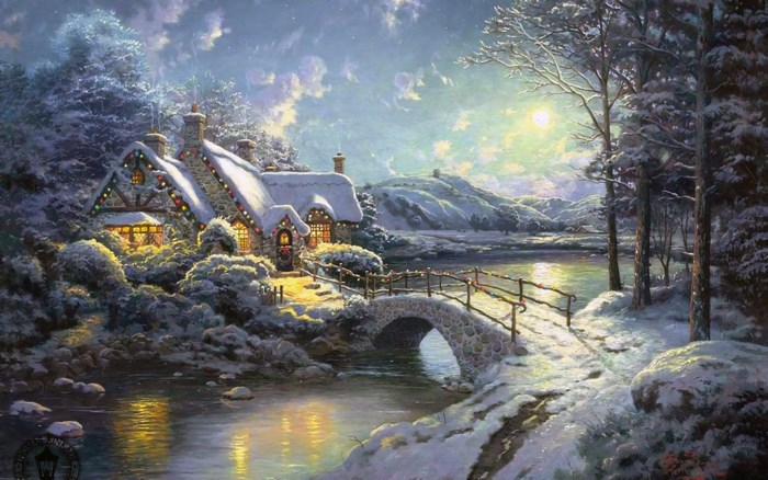 Snowy Cottage by Bridge Under Moonlight