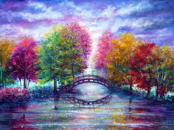 Painting of a bridge over a colorful river