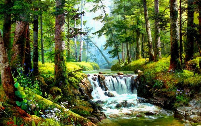 Painting of a forest stream with a waterfall