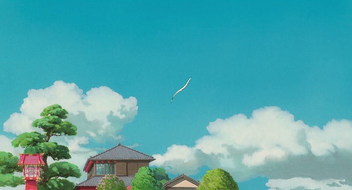 Spirited Away Sky with Buildings and Bird