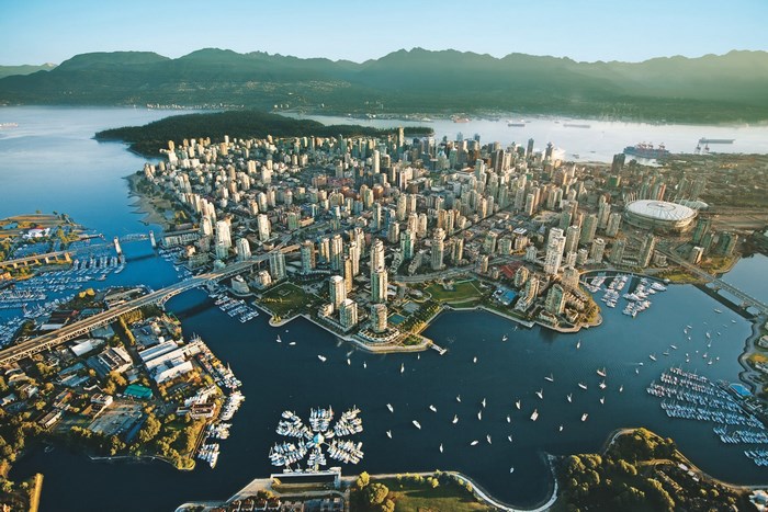 Aerial view of Vancouver cityscape and harbor