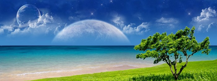 Alien beach with planets in the sky