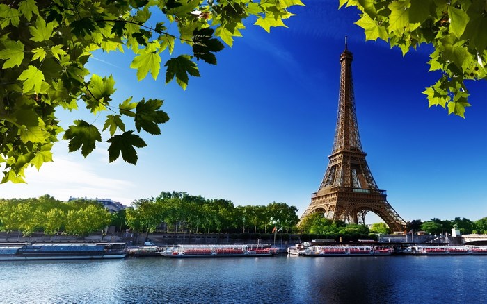 Eiffel Tower Paris River Boats Green Leaves