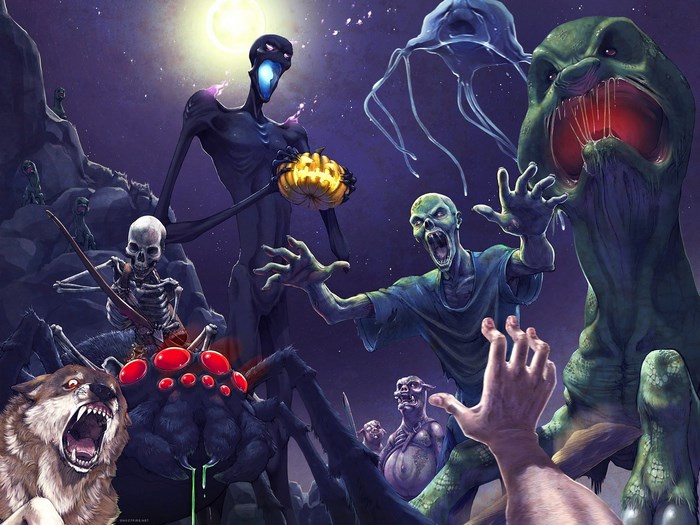 Minecraft monsters and creatures in a spooky scene