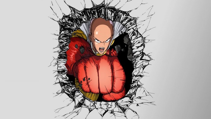 Saitama from One Punch Man punching through a wall