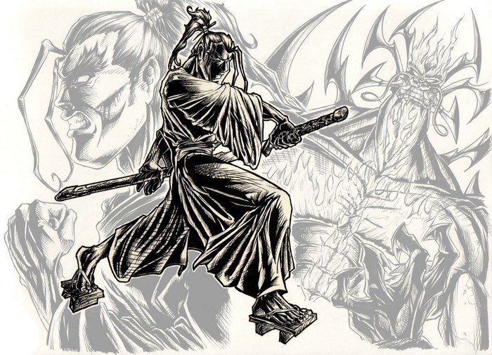 Samurai Jack in action with monster background