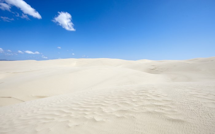 Vast sand dunes under a clear blue sky