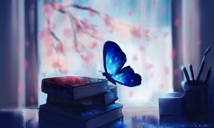 Magical blue butterfly on books near window