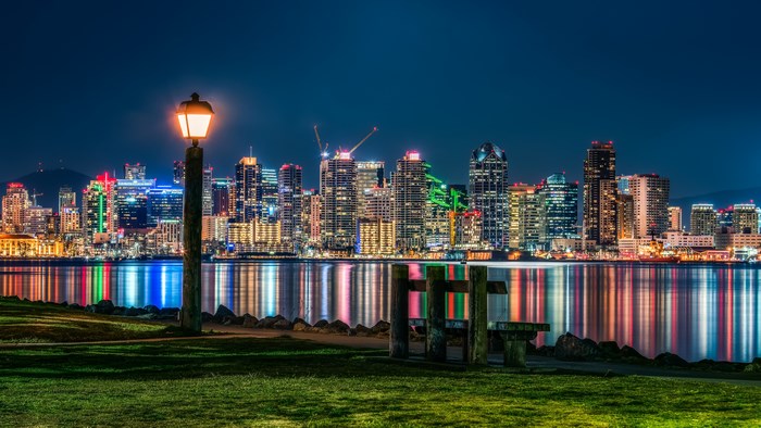 San Diego skyline at night with reflections