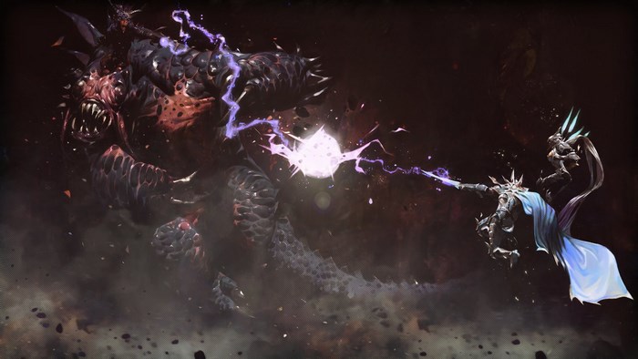Demon and warrior fighting with magic