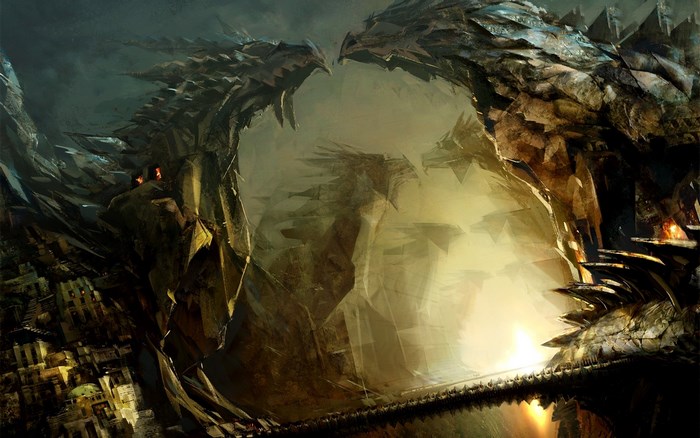 Guild Wars 2 concept art of dragons and city