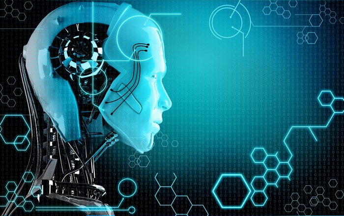 Robot head with binary code background