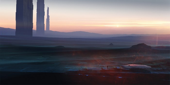 Alien Landscape with Tall Structures at Sunset