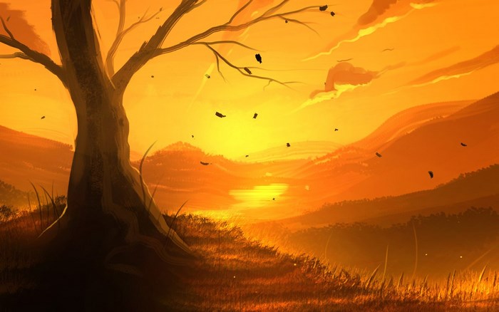 Serene Sunset Over Rolling Hills and a Lone Tree