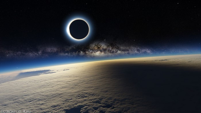 Solar eclipse over Earth with Milky Way
