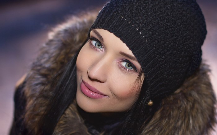 Angelina Petrova Smiling in Winter Hat and Fur Collar