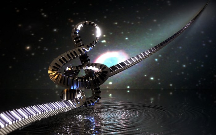 Treble clef made of piano keys in space