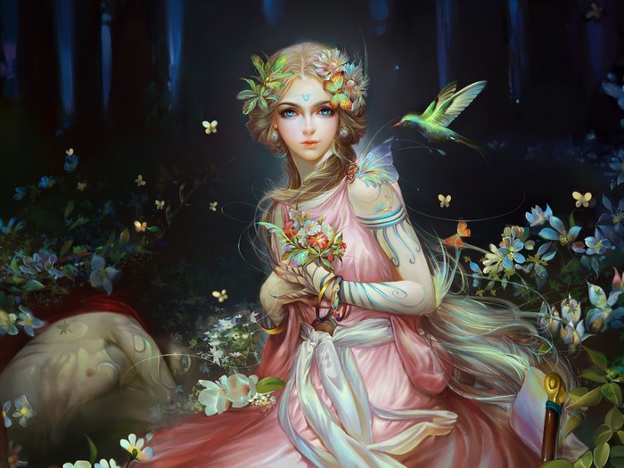 Fairy with flowers and hummingbird