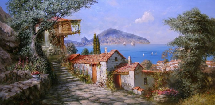 Painting of a coastal village with houses and the sea