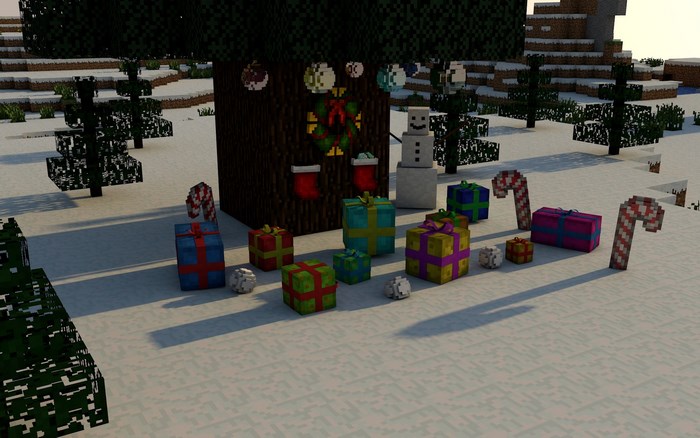 Minecraft Christmas scene with gifts and snowman