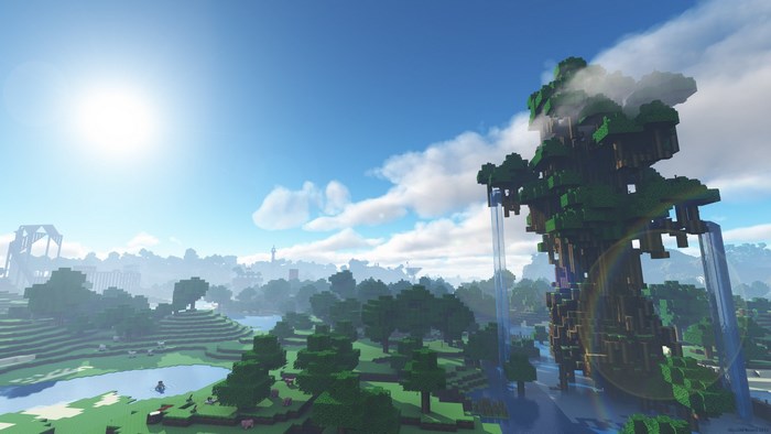 Minecraft landscape with a giant tree and waterfalls