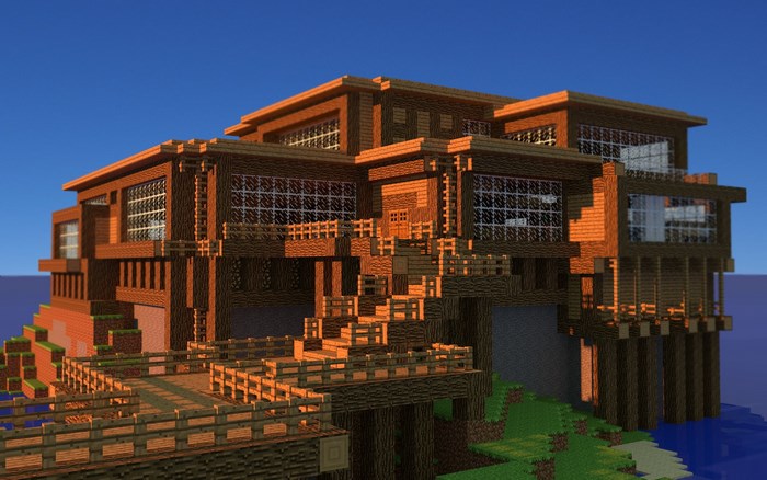 Minecraft wooden house on a cliffside