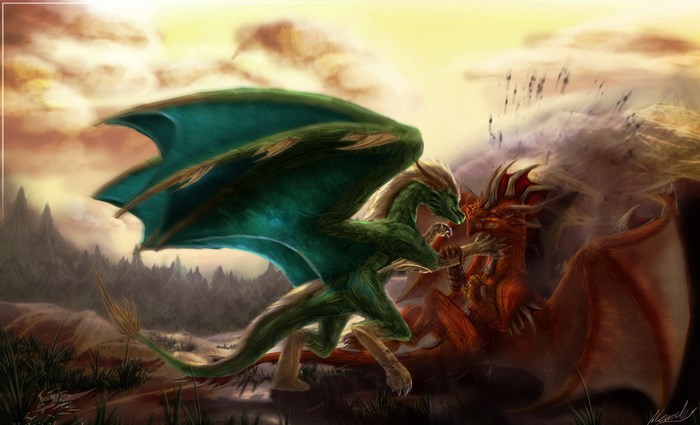 Two dragons fighting in a landscape