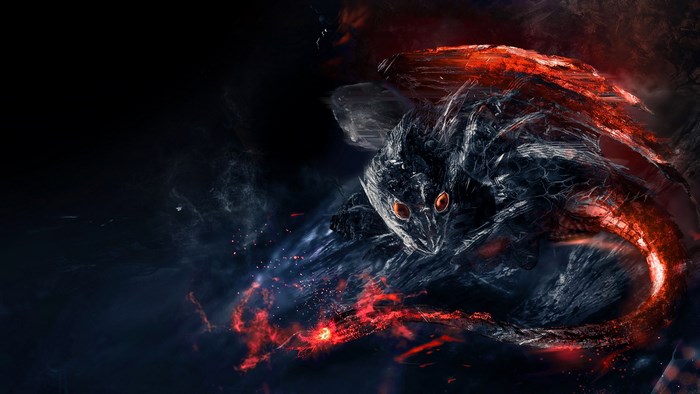 Dark creature with glowing red eyes and fiery tail