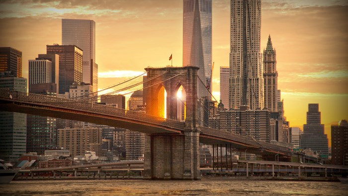 Brooklyn Bridge and New York City Skyline at Sunset