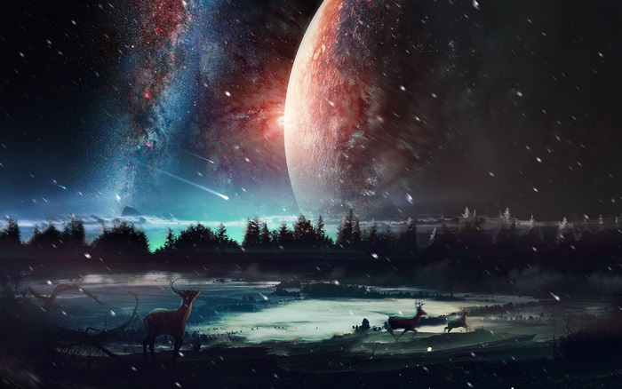 Deer in a snowy cosmic landscape with planets and nebulae