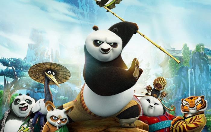Kung Fu Panda characters in a mountainous landscape