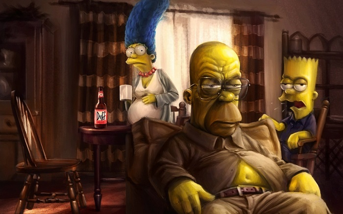 The Simpsons: Homer, Marge, and Bart in a dark room