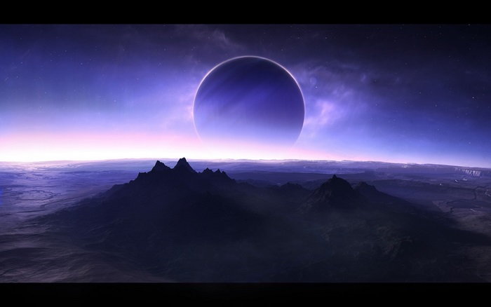 Sci-fi planet with mountains and stars