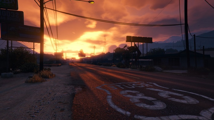Sunset Over Empty Road with Route 68 Sign GTA 5
