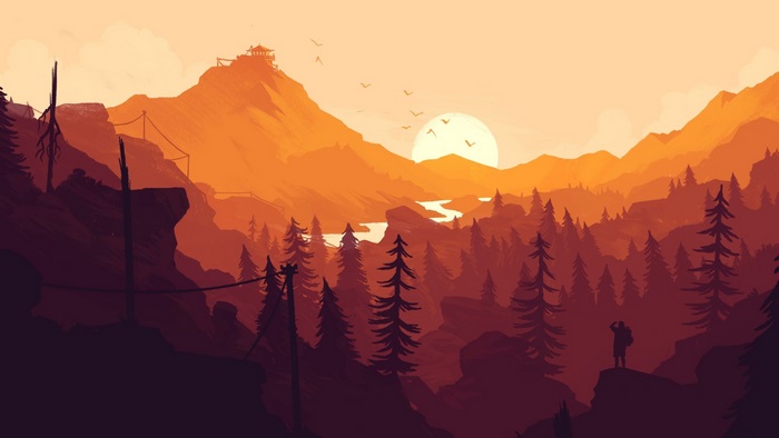 Sunset Over Mountain Landscape with Forest and Tower