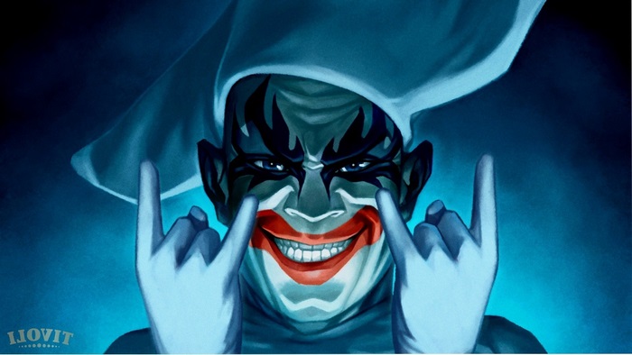 Joker with face paint and white hood