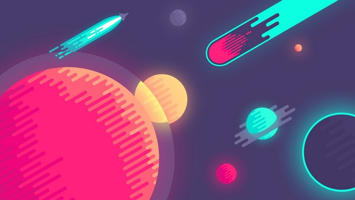 Stylized space scene with planets and comets