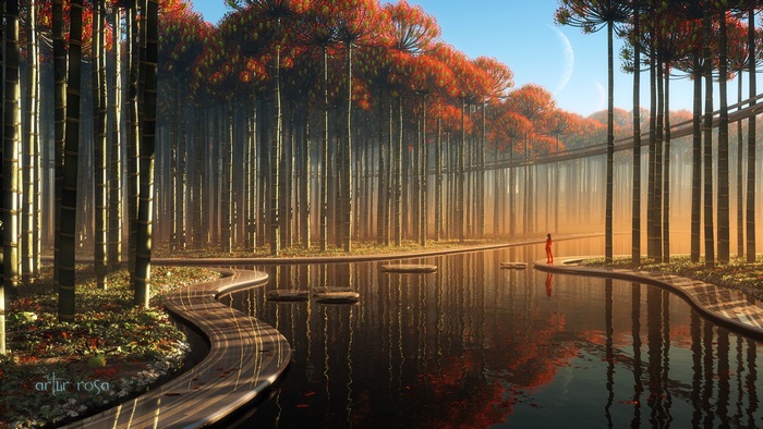 Serene Pathway Through Autumn Forest by Misty Pond