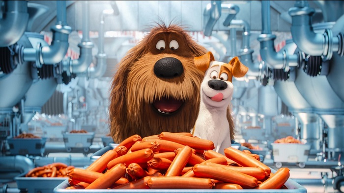 Max and Duke from The Secret Life of Pets with sausages