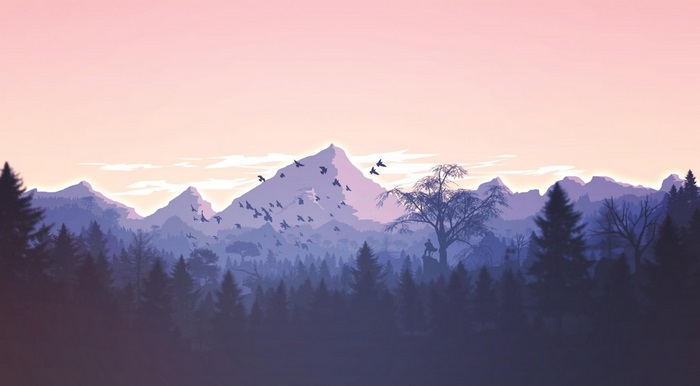 Forest Landscape with Birds at Sunrise