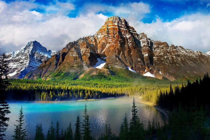 Snow-capped mountains and turquoise lake