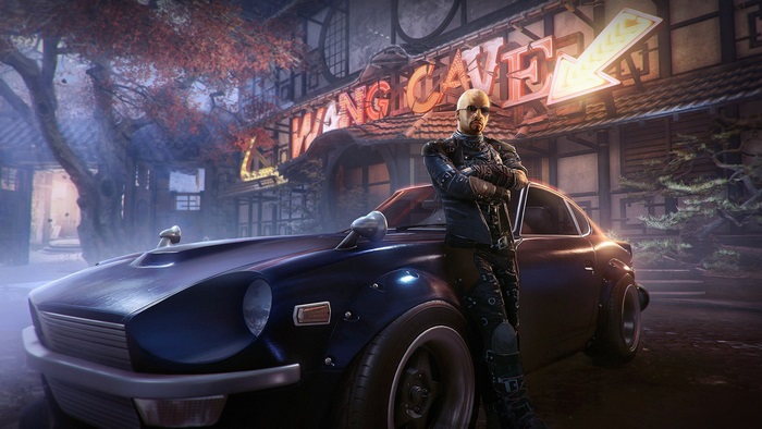 Lo Wang from Shadow Warrior 2 leaning on a car