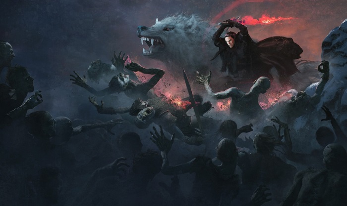 White Wolf and Man Fighting Zombies