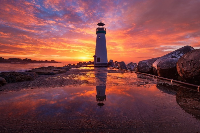 Lighthouse by the Sea at Sunset