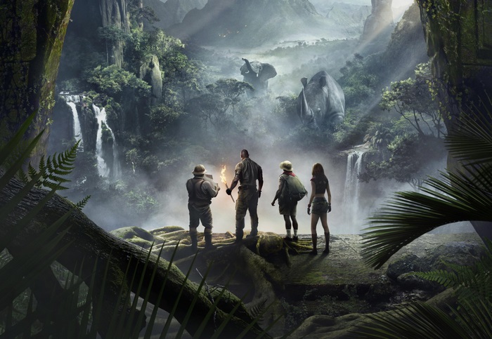 Four adventurers in a jungle with waterfalls and animals