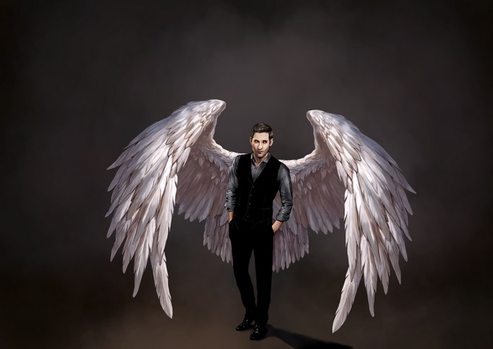 Man with Large Angel Wings in Dark Setting