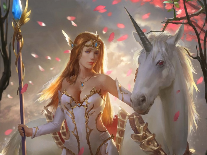 Fantasy Girl with Unicorn and Staff