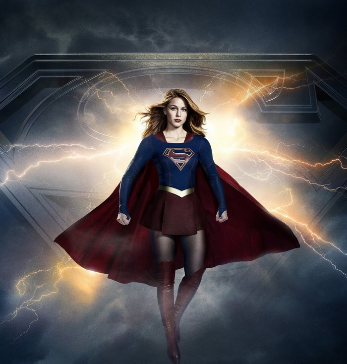 Supergirl Flying with Lightning and Glowing Emblem