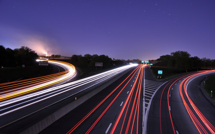 Highway light trails at night