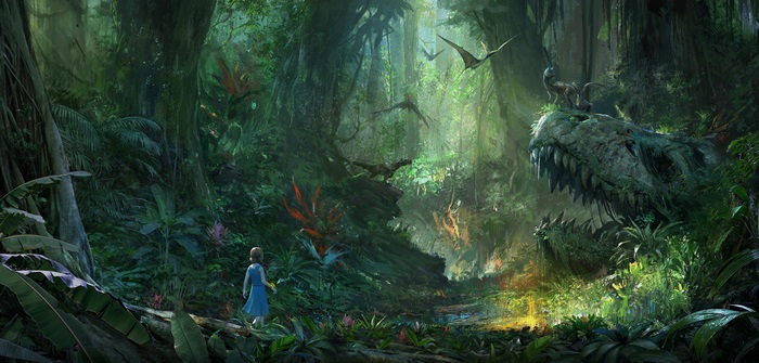 Girl in jungle with dinosaurs and pterodactyls